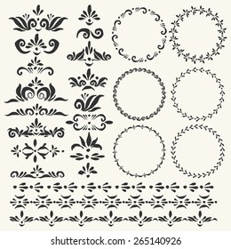 Set of vector decorative elements and used pattern brushes included. Round frames with hand drawn ornamental strokes, headers and corners. Cute black wreaths and stripe ornaments.