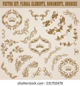 Set of vector decorative floral elements, borders, corners, crowns for design. Page decoration in vintage style.