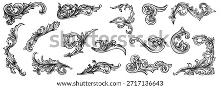 Set vector of decorative floral elements, vintage engraved ornament, cartouches, swirl, scroll, flourishes, arabesque