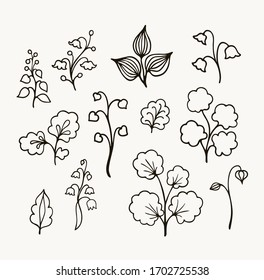 Set of vector decorative floral silhouettes, vignettes on beige background
