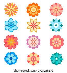 Conjunto de iconos de flores decorativas vectoriales en estilo plano. Colección de siluetas de flores de primavera. Ilustración de clipart floral.