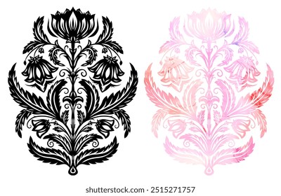 Set of vector decorative folk art watercolor illustration and black silhouette isolated from background. Collection floral filigree clip arts with cornflowers for stickers, postcards