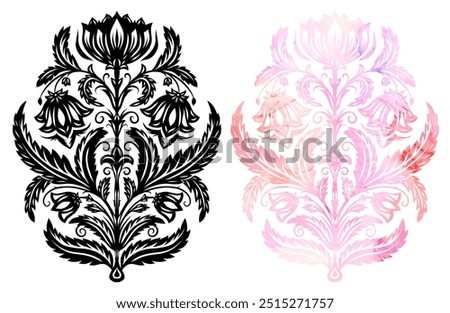 Set of vector decorative folk art watercolor illustration and black silhouette isolated from background. Collection floral filigree clip arts with cornflowers for stickers, postcards