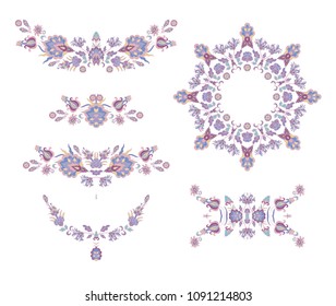 Set of vector decorative frames, branches, lilac - violet palette, on white background