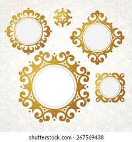 Set of vector decorative frames in Victorian style. Elegant element for design, place for text. Golden floral border. Lace decor for wedding invitations, valentines, birthday and greeting cards.