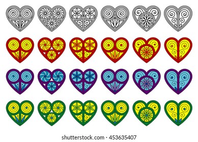 Set of vector decorative hearts. Isolated on white