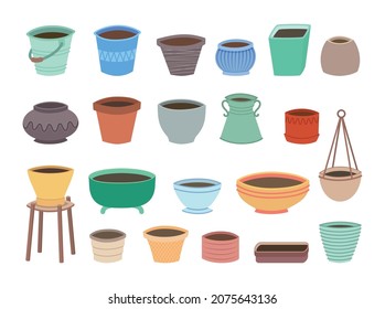 Conjunto de macetas de flores vectoriales decorativas interiores o de jardín en estilo plano aisladas en fondo blanco.