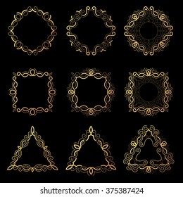 Set of vector decorative isolated framework for creation of logos, badges, labels, monograms. Embossed gold foil on a black background. Concept design of business products and services. Vintage frame.