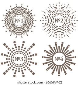 Set von Vektordekorationsmarken: Kreise und Rays. Geometrische Sonnenformen brechen Formen auf Weiß. Monochrome Sterne für Emblem-Design