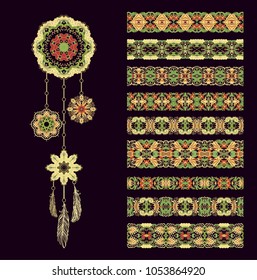 Set of vector decorative lements- dreamcathcer, border ornaments on dark background