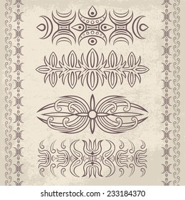 Set of vector decorative ornaments. Floral and abstract design pattern elements and symbols for posters, postcards, page decoration and typography