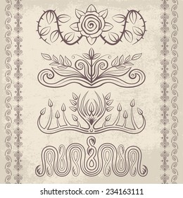 Set of vector decorative ornaments. Floral and abstract design pattern elements and symbols for posters, postcards, page decoration and typography