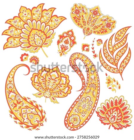 Set of vector decorative paisley and floral elements in bright colors. Ornamental vector ethnic motifs in boho and folk style, suitable for textile prints, packaging, wallpaper, branding and decorative design.