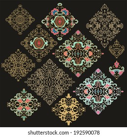 Set of vector decorative rhombus vector floral ornaments on dark background, oriental, chinese style
