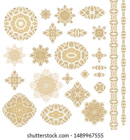 Set of vector decorative rosettes, vignettes, stars, snowflakes on white background