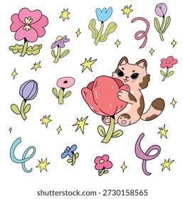 Ein Satz dekorativer Vektoraufkleber, die eine süße rote Fleckenkatze auf einer Blume darstellen. Lustige Kawaii-Illustration auf weißem Hintergrund.
