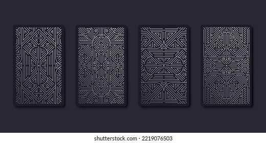 Set of vector decorative tarot cards design templates. Art deco line silver style. Astrology or sacred geometry poster. Magic occult, esoteric boho aesthetic.