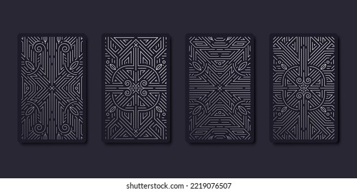 Conjunto de plantillas de diseño de tarjetas de tarot decorativas vectoriales. Estilo art deco line plateado. Astrología o afiche de geometría sagrada. Magia oculta, estética de boho esotérico.