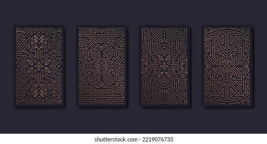 Set of vector decorative tarot cards design templates. Art deco line golden style. Astrology or sacred geometry poster. Magic occult, esoteric boho aesthetic.