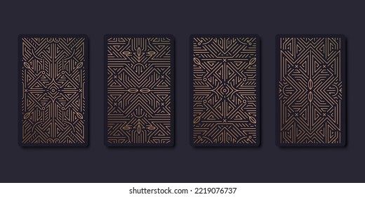 Set of vector decorative tarot cards design templates. Art deco line golden style. Astrology or sacred geometry poster. Magic occult, esoteric boho aesthetic.