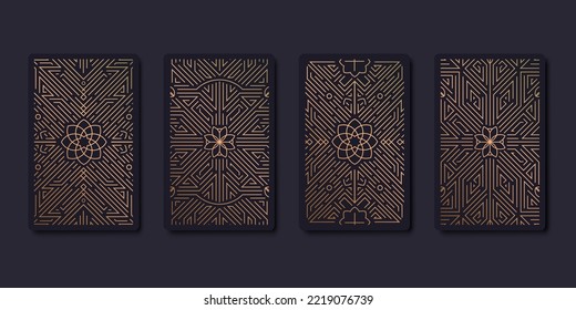 Set of vector decorative tarot cards design templates. Art deco line golden style. Astrology or sacred geometry poster. Magic occult, esoteric boho aesthetic.