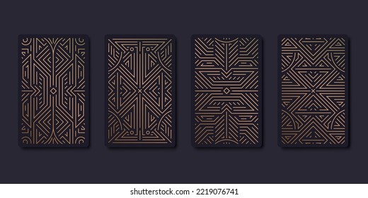 Set of vector decorative tarot cards design templates. Art deco line golden style. Astrology or sacred geometry poster. Magic occult, esoteric boho aesthetic.