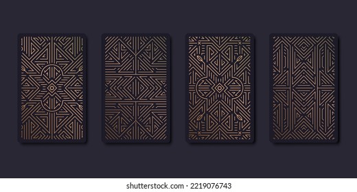 Set of vector decorative tarot cards design templates. Art deco line golden style. Astrology or sacred geometry poster. Magic occult, esoteric boho aesthetic.