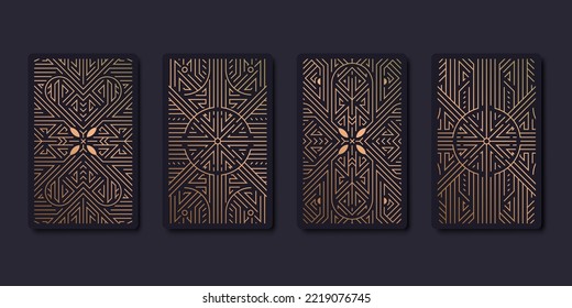 Conjunto de plantillas de diseño de tarjetas de tarot decorativas vectoriales. Estilo Art Deco dorado. Astrología o afiche de geometría sagrada. Magia oculta, estética de boho esotérico.