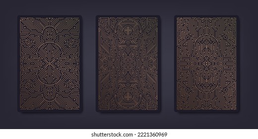 Set of vector decorative tarot cards design templates. Art deco line golden style. Astrology or sacred geometry poster. Magic occult, esoteric boho aesthetic.