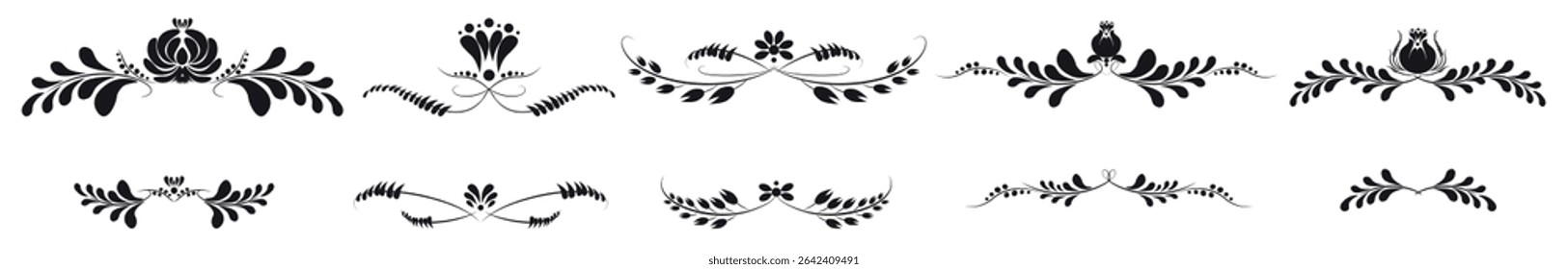 Set of vector decorative vignettes, endings, borders, page dividers, banners from ornamental fantasy flowers, leaves, and ears.