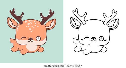 Set Vector Deer Multicolored and Black and White. Kawaii Clip Art Forest Animal. Cute Vector Illustration of a Kawaii Animal for Stickers, Baby Shower, Coloring Pages. 