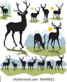 set vector deer silhouettes