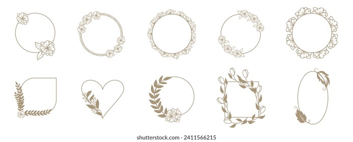 Set of vector delicate floral frames. Invitation, postcard, plaque, cover design element. Delicate botanical wreaths. 