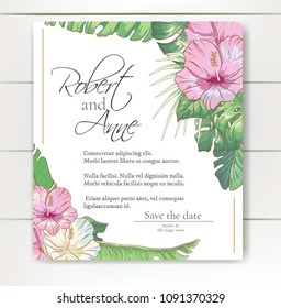 Set of vector delicate invitation with hibiscus flowers and palm leaves for wedding, marriage, bridal, birthday, Valentine's day