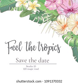 Set of vector delicate invitation with hibiscus flowers and palm leaves for wedding, marriage, bridal, birthday, Valentine's day