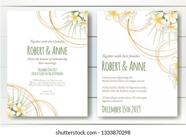 Set of vector delicate invitation with plumeria flowers and palm leaves for wedding, marriage, bridal, birthday, Valentine's day. Floral border with sketch colorful blossoms. 