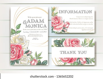 Set of vector delicate invitation with roses for wedding, marriage, bridal, birthday, Valentine's day. Beautiful flower composition. Summer composition. 