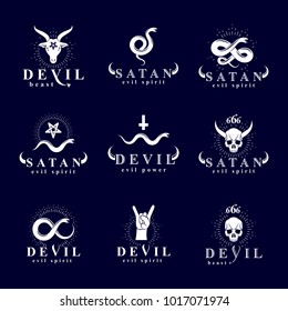 Set of vector demonic infernal mystic logotypes created using poisonous snakes, horned wicked dead head symbols, pagan pentacles and goats with 666 numbers as illustration of Lucifer.

