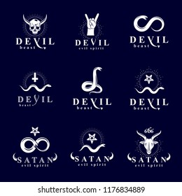 Set of vector demonic infernal mystic logotypes created using poisonous snakes, horned wicked dead head symbols, pagan pentacles and goats with 666 numbers as illustration of Lucifer.