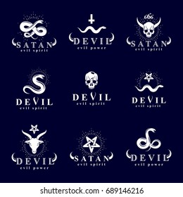 Set of vector demonic infernal mystic logotypes created using poisonous snakes, horned wicked dead head symbols, pagan pentacles and goats with 666 numbers as illustration of Lucifer.