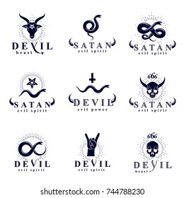 Set of vector demonic infernal mystic logotypes created using poisonous snakes, horned wicked dead head symbols, pagan pentacles and goats with 666 numbers as illustration of Lucifer.