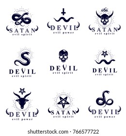 Set of vector demonic infernal mystic logotypes created using poisonous snakes, horned wicked dead head symbols, pagan pentacles and goats with 666 numbers as illustration of Lucifer.