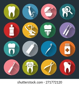 Set of vector Dental Icons in flat style with long shadows. Dental white icons on colored basis.