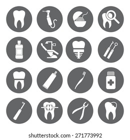 Set of vector Dental Icons in flat style. Dental white icons on grey basis.