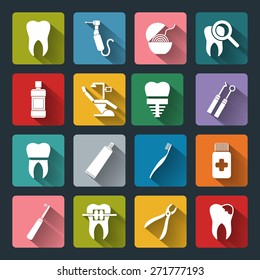 Set of vector Dental Icons in flat style with long shadows. Dental white icons on colored basis.