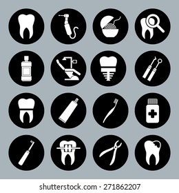 Set of vector Dental Icons in flat style. Dental white icons on black basis.