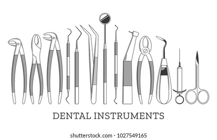 Set of vector dental instrument icons and design elements isolated on white.
