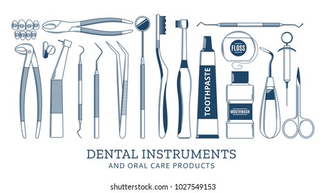 Set of vector dental instrument and oral care icons isolated on white.