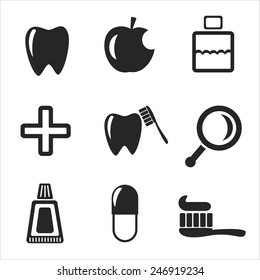 Set of vector dental web and mobile logo icons. Symbols of medical cross, rinse teeth, tooth, apple, pill