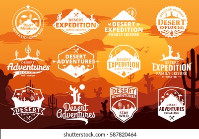 Set of vector desert and outdoor adventures logo on desert landscape background.